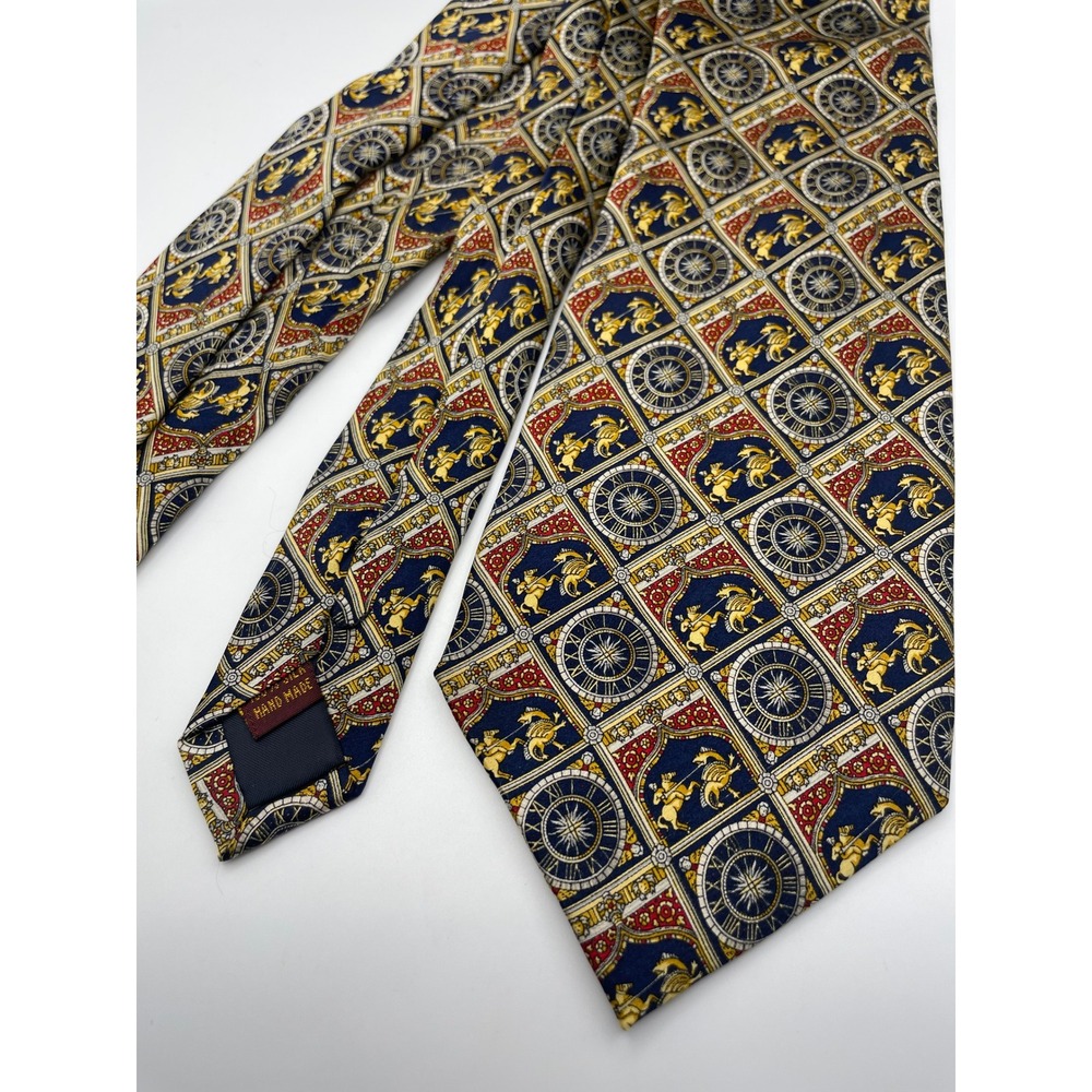 Museum Artifacts Silk Tie Navy Gold Red Heraldic Sundial Roman Numeral Handmade